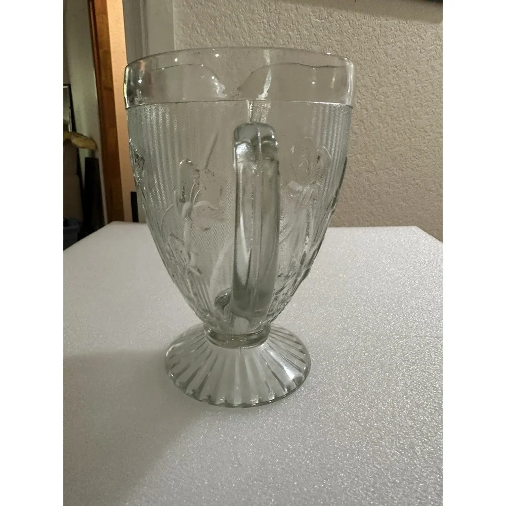 Vtg Clear Depression Glass Jeanette Iris & Herringbone Pitcher & 4 Tall Glasses